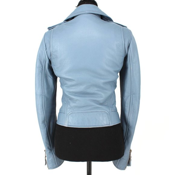 Balenciaga Leather Jacket Light Blue Lamb Moto Biker Silver Zip Jacket 36 Small - Picture 6 of 8